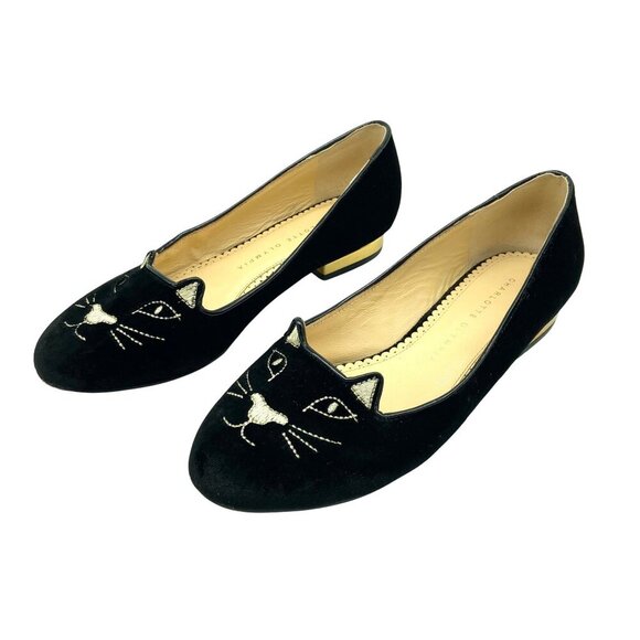 Charlotte Olympia Kitty Cat Black Velvet Flats Loafers Gold, EU 38 US 7.5-8 - Picture 7 of 12